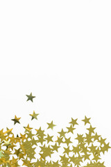 Christmas border with gold star confetti. Holiday background for New Year on white