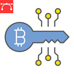 Bitcoin key color line icon, security and protection, digital key vector icon, vector graphics, editable stroke filled outline sign, eps 10.