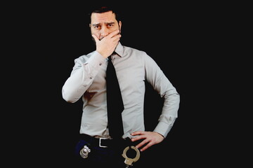 Bearded detective standing and with sad expression,  holding hand in front of mouth, isolated on...