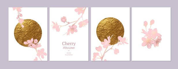 Set of spring backgrouds with sakura branch and golden circle, sun. Cherry blossoms. Design for card, wedding invitation, cover, packaging, cosmetics. © olechkaart