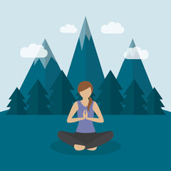 Obraz premium girl makes yoga on green mountain landscape