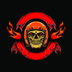Skull patch with retro flames helmet with burning effect banner vector illustration