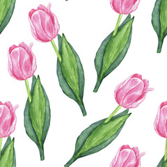 Pink Tulip with green leaves in seamless pattern on white background. Watercolor hand drawing illustration. Perfect for digital paper, wallpaper, spring design.