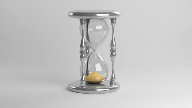 An hourglass on a white background. Falling yellow sand. 3D-rendering.
