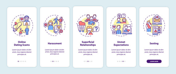 Online dating scams onboarding mobile app page screen with concepts. Superficial relationship walkthrough 5 steps graphic instructions. UI, UX, GUI vector template with linear color illustrations
