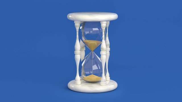 An hourglass on a blue background. Falling yellow sand. 3D-rendering.