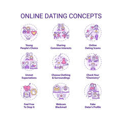 Online dating concept icons set. Building relationship in internet idea thin line RGB color illustrations. Man and woman searching for couple vector isolated outline drawings. Editable stroke