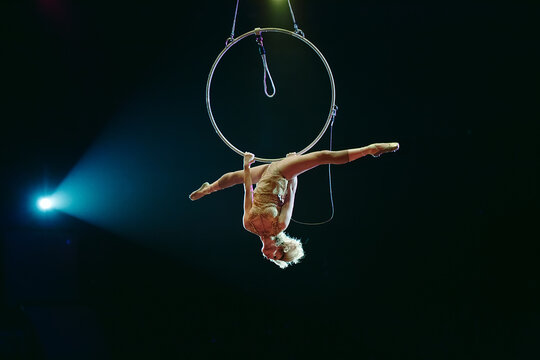 An aerial gymnast shows a performance in the circus arena.