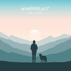 wanderlust girl and dog looking in to the mountain nature landscape