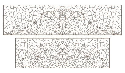 Set contour illustrations of stained glass with abstract swirls and flowers , horizontal orientation, rectangular images