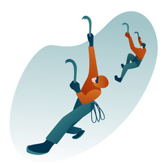 Men in equipment climb up, characters in helmets climb with an ice tool. Rock climbing on the white background. Modern flat design.