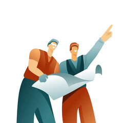 Vector illustration of a builder and contractor with a plan on a white background. Characters in helmets, men workers in uniforms. Modern flat design advertising a construction company.