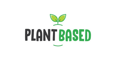 Fototapeta premium Plant based hand made text, hand drawn lettering style with leaves. Vegan and vegetarian food design concept. Veggie nutrition.