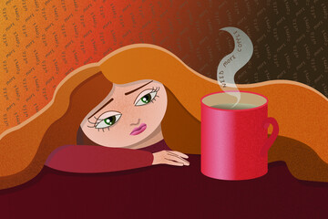Need more coffee. Illustration on the theme of fatigue and lack of energy. Cute redhead girl and red mug with coffee. Steam rises from the mug. 
