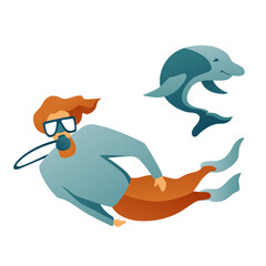 Naklejka premium The scuba diver in a suit swims with fins on a white background. Character with a dolphin. Scuba diving with special equipment. Scuba character, explorer of water depths. Modern flat design.