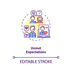 Unmet expectations concept icon. Sadness because of failure in building relationship ideas thin line illustration. Broken hearted people vector isolated outline RGB color drawing. Editable stroke