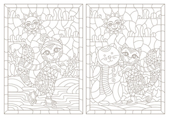 Set of contour illustrations in a stained glass style with cute cartoon kittens on a winter landscape background, dark outlines on a white background