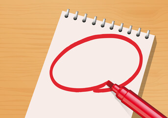 Composition présentant un bloc-notes et un marqueur rouge sur un bureau avec une page blanche pour écrire un message important.