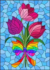 Illustration in the stained glass style with a bouquet of pink tulips on a blue background, rectangular image