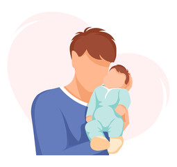Father is holding baby. Dad and son, Family, Father's day concept. Isolated vector illustration for greeting card, flyer, poster.