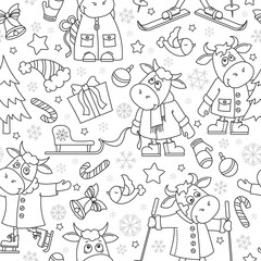 Seamless illustration on the theme of New Year holidays, funny cartoon bulls with snowflakes, dark contour animals on a white background