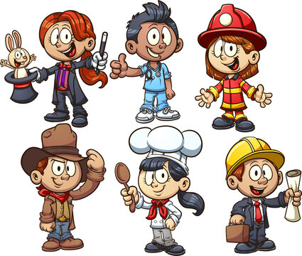 Kids using costumes from different occupations. Vector clip art illustration with simple gradients. Each on a separate layer.