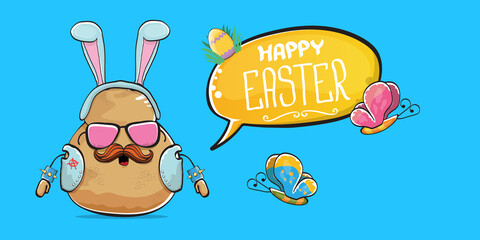 Vector rock star easter potato funny cartoon character with blue easter bunny ears isolated on blue horizontal banner background. rock n roll easter party poster or happy easter greeting card