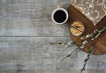 breakfast with cake and coffee and sprigs is coming