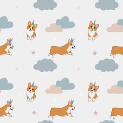 Seamless childish pattern with cute corgi dog with unicorn horn, clouds, stars. Baby texture for fabric, wrapping, textile, wallpaper, clothing. Vector illustration