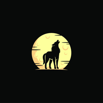 silhouette illustration of wolf at the moon. 
Wild animal howling at night logo 