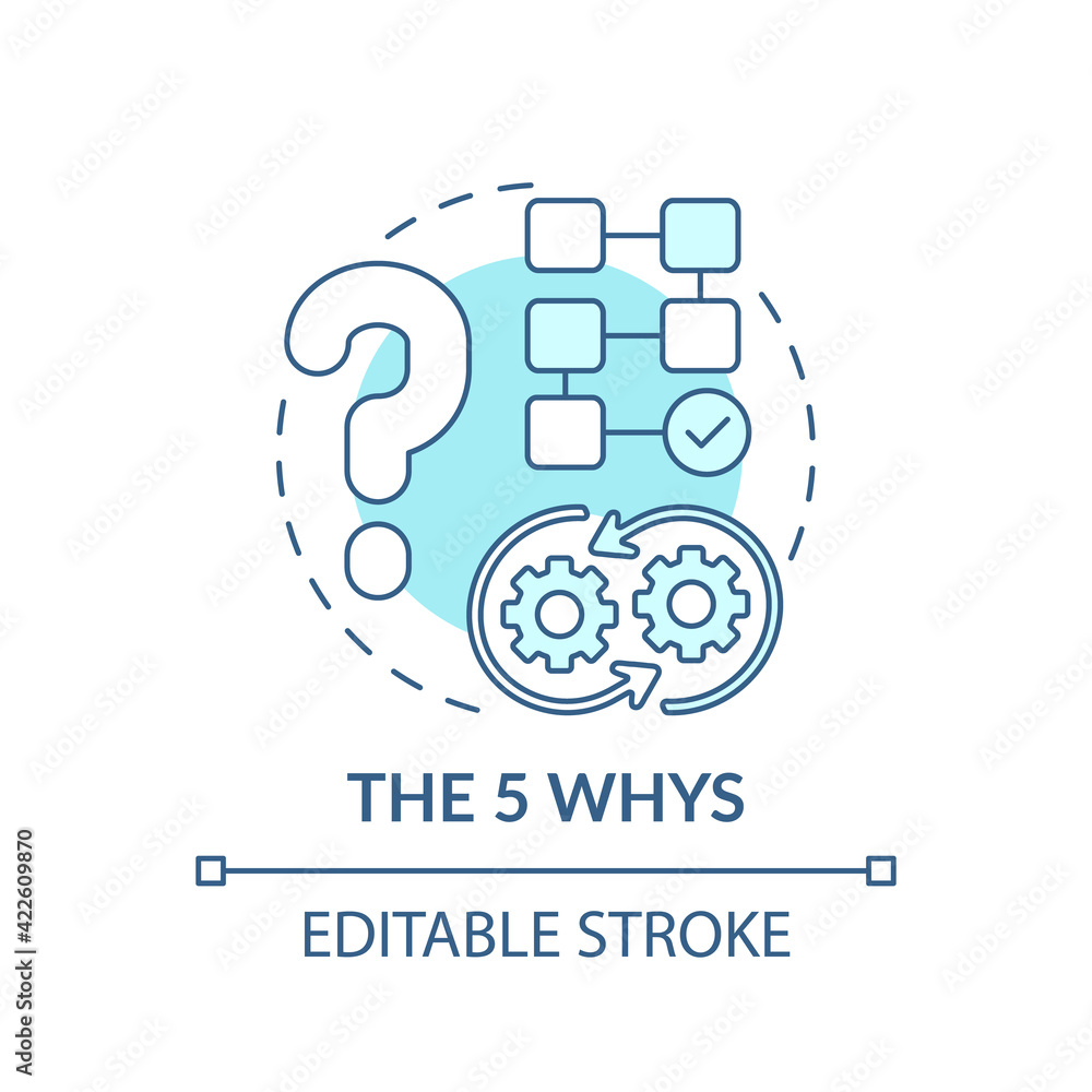 Poster the 5 whys blue concept icon. strategy to find solution. critical thinking. ask question. problem so