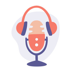 Modern doodle advertising concept with podcast concept. Symbol, logo design for podcast show. Live stream logo. Vector artwork with microphone and headphones for broadcast concept