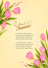 Naklejka premium Greeting card design template. Vector illustration of realistic tulips and golden elements. Floral background for poster, cover, booklets, wedding invitation