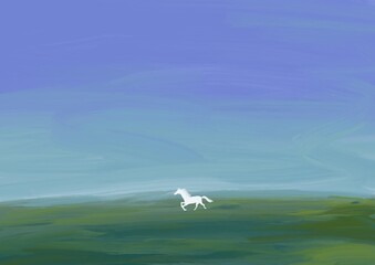 Fototapeta na wymiar Summer landscape. Horse in the field. Digital painting. Cute illustration for the decor and design of posters, postcards, prints, stickers, invitations, textiles and stationery.