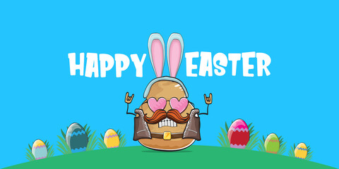 Vector rock star easter potato funny cartoon character with blue easter bunny ears isolated on blue horizontal banner background. rock n roll easter party poster or happy easter greeting card