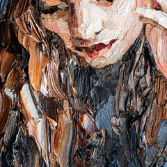 Portrait of a girl in a cafe. Fragment of an oil painting. Cozy art on canvas.