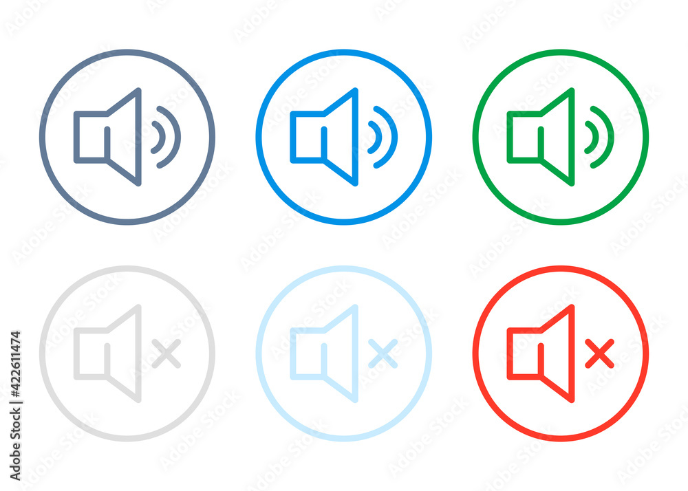 Poster speaker and sound active and disabled related icons. basic color icons for mute and listen audio.