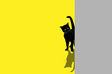 A black kitten peeks out from behind a gray wall. Contrasting silhouette of a cat with a shadow on a yellow background. Vector illustration with space for text.