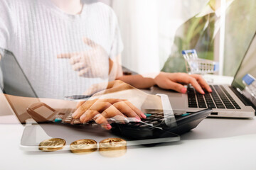 Digital marketing media in virtual screen.businesswoman hand working with mobile phone and modern...