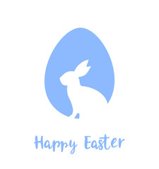 Silhouette of a white rabbit in a blue Easter egg on a white background. Easter greeting card