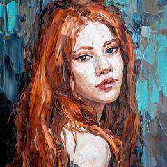 Mystical gray-eyed nymph with fiery red curly hair that falls on snow-white shoulders. Oil on canvas..