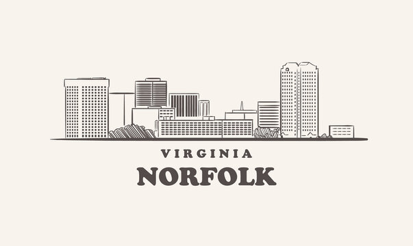 Norfolk Skyline, Virginia Drawn Sketch