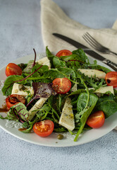 greek salad with blue cheese on a white porcelain plate