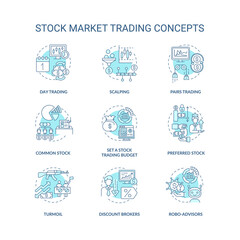Stock market trading concept icons set. Investing in stock idea thin line RGB color illustrations. Common, preferred type. Turmoil. Achieving profits. Vector isolated outline drawings. Editable stroke