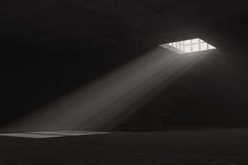 3d rendering of closed grunge ground floor with staircars and light rays from the bright room upstairs