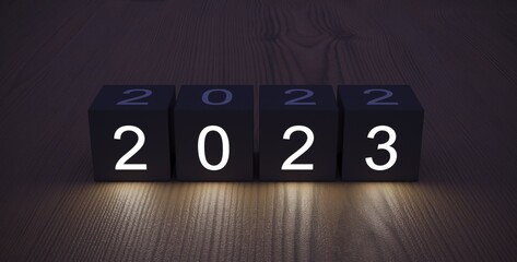 Fototapeta na wymiar 3d rendering on black box 2022 and 2023 with light