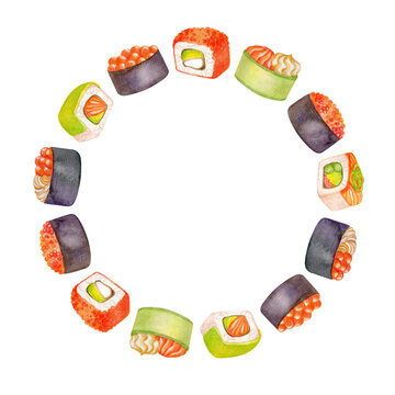 Round frame with sushi drawn with watercolors and pencils and isolated on a white background. Template for the design of menus, postcards, flyers, posters, packaging and more.