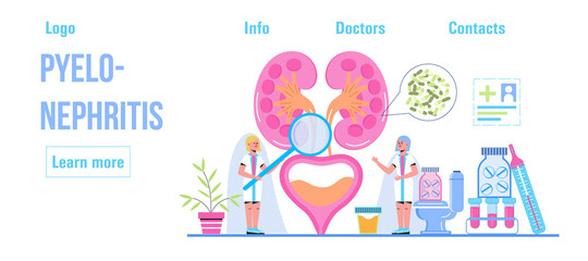 Urarthritis, ureteroscopy concept vector for medical website. Urologist, nephritis illustration. Tiny doctor treats kidneys. Pyelonephritis and kidney stones diseases.