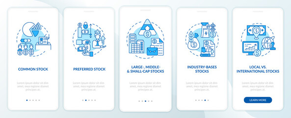Stocks kinds onboarding mobile app page screen with concepts. Common, preferred, industrial type walkthrough 5 steps graphic instructions. UI, UX, GUI vector template with linear color illustrations