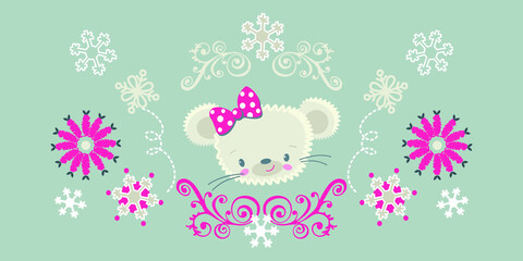 Little mouse on skates in patterns of snowflakes 